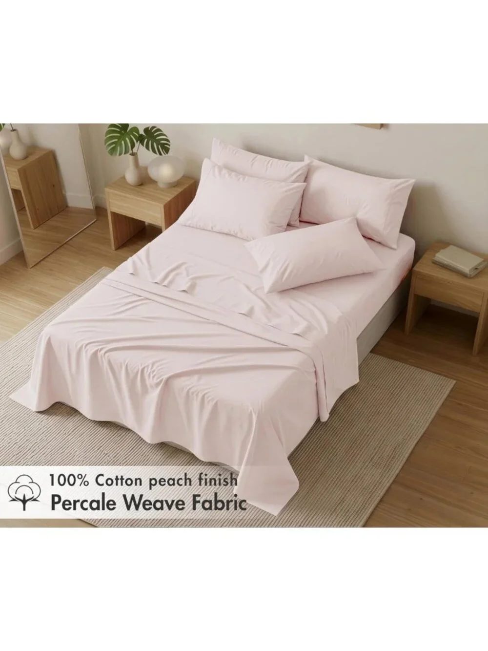 Queen Size 6-Piece Cotton Percale Sheet Set - Blush Pink, Cooling, Deep Pocket